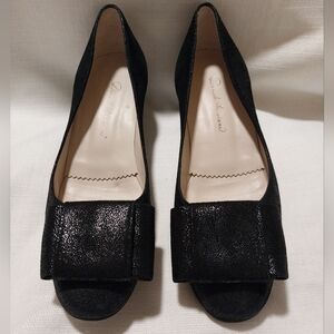 Daniele Ancarani Made in Italy Black Suede Shimmer Square Bow Low Heel Pump